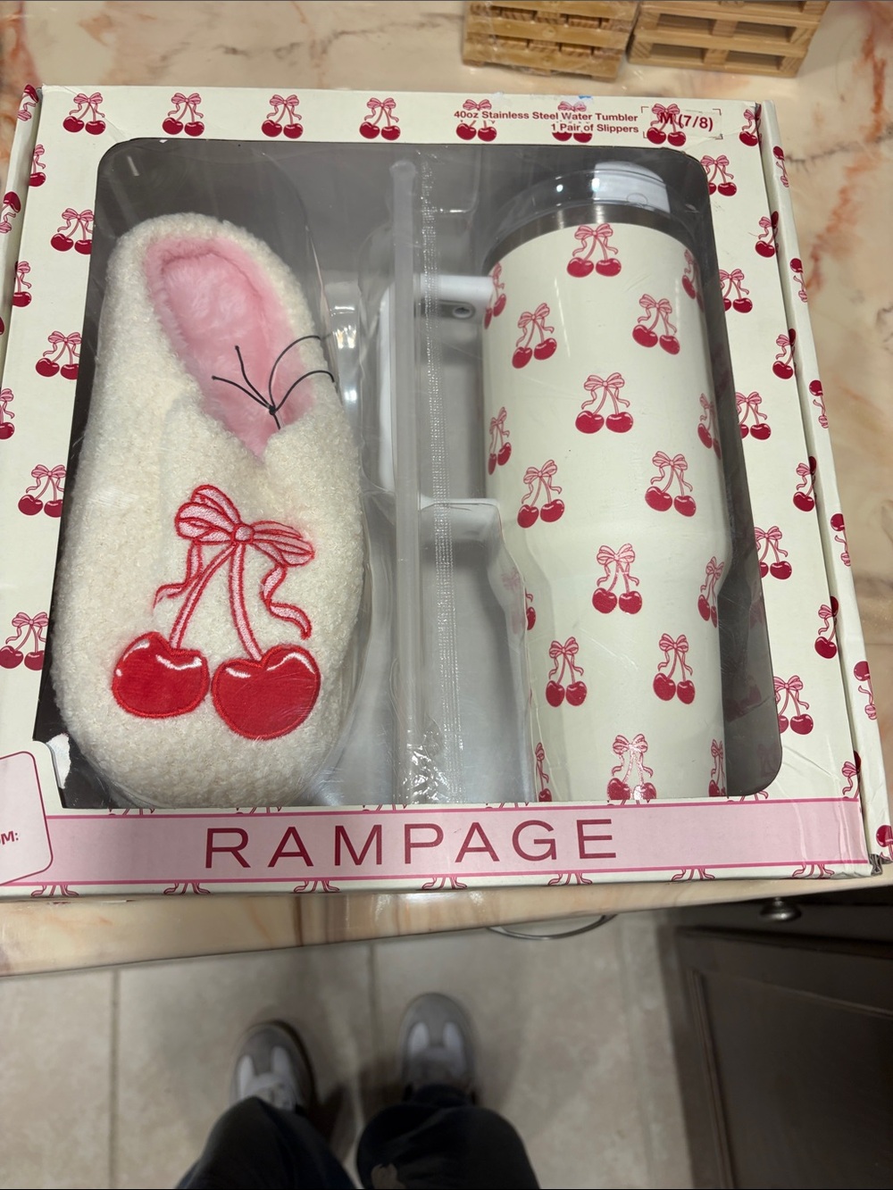 Rampage Cream Slip-On Slippers & Cherry Print Tumbler - Pink & Red